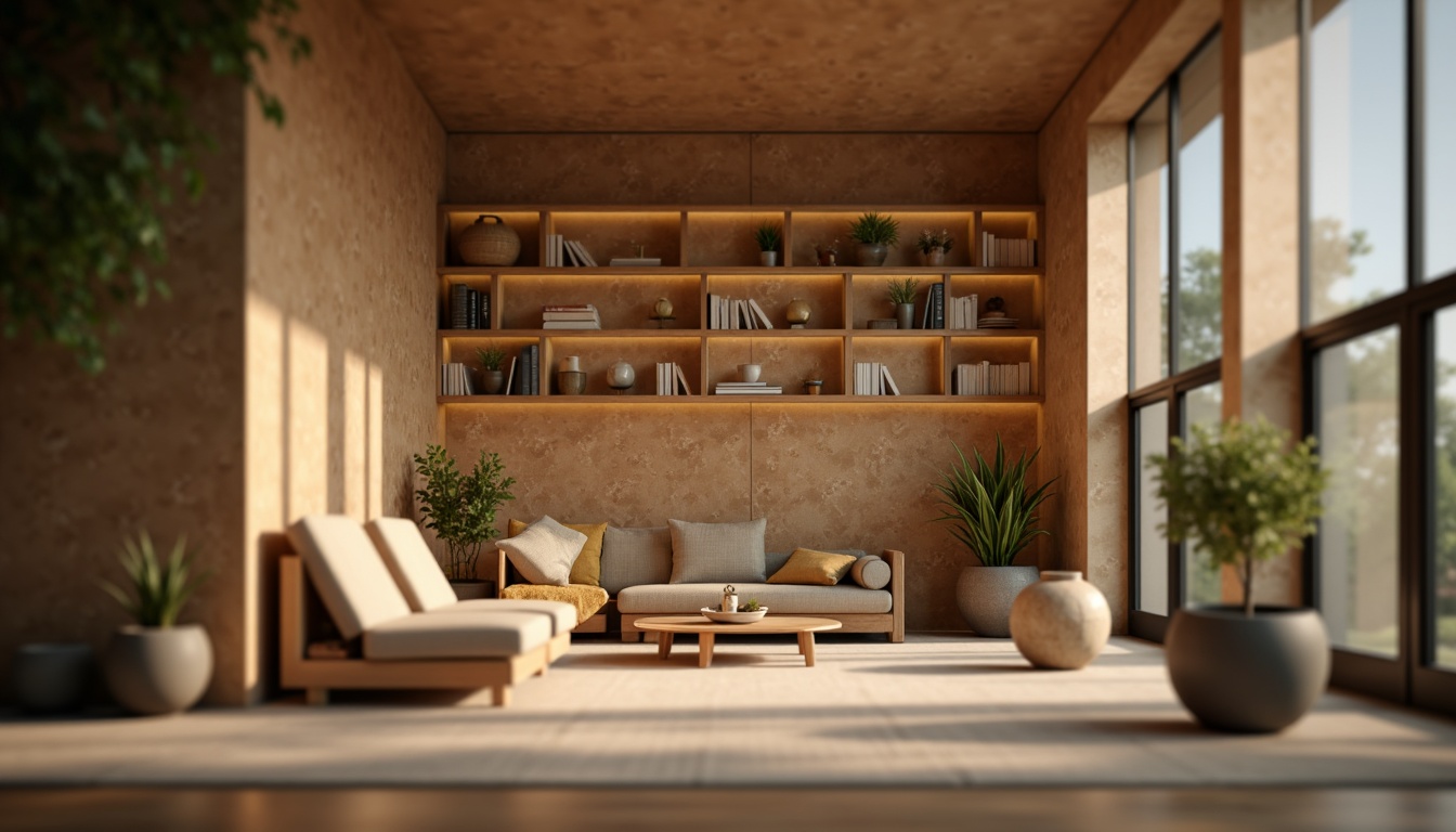 Prompt: Natural cork material, organic texture, earthy tone, sustainable design, eco-friendly atmosphere, warm ambient lighting, shallow depth of field, 3/4 composition, minimalist decor, modern furniture, wooden accents, natural patterns, earthy color palette, cozy reading nook, quiet library setting, soft focus, realistic rendering.