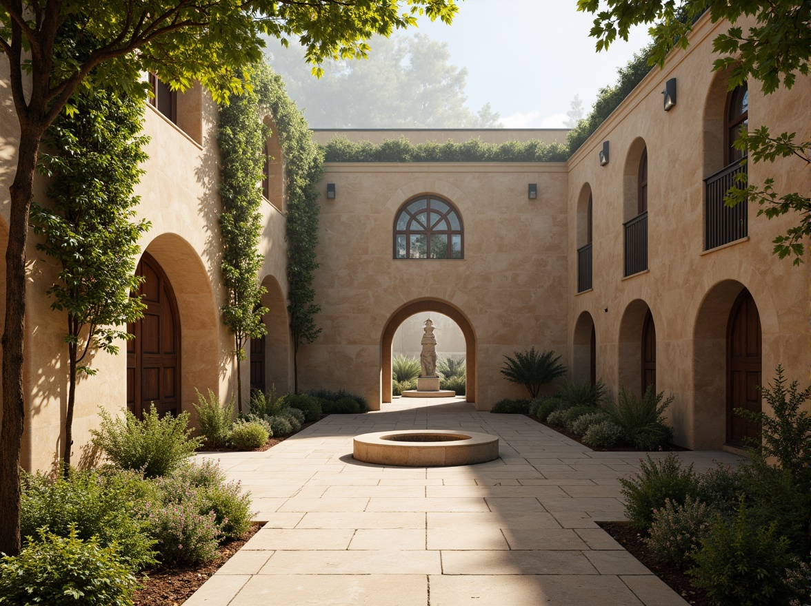 Prompt: Tranquil monastery courtyard, organic stone walls, curved arches, rustic wooden doors, stained glass windows, soft natural lighting, warm beige tones, lush greenery, climbing vines, peaceful ambiance, serene atmosphere, misty morning fog, gentle sunbeams, dappled shade, 1/1 composition, shallow depth of field, realistic textures, ambient occlusion.