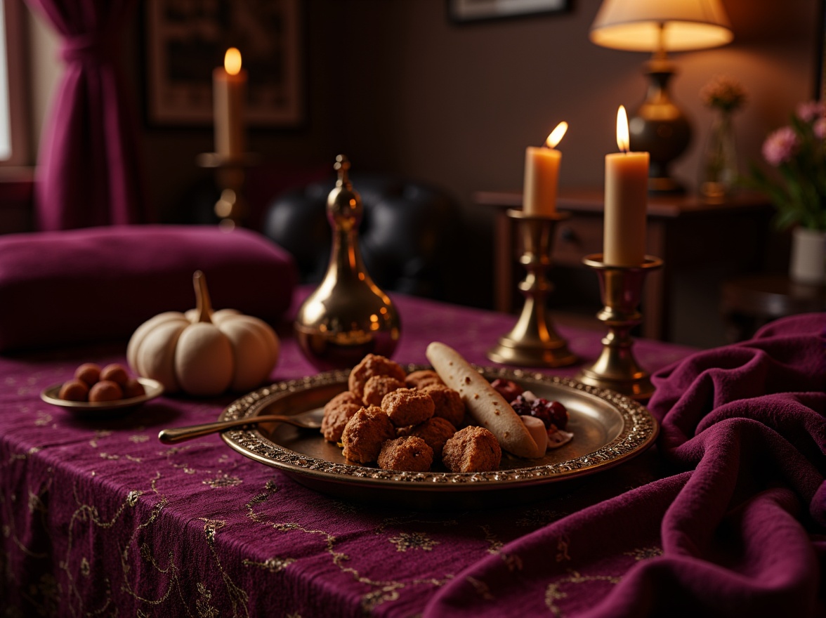 Prompt: Rich plum hues, luxurious velvet textures, ornate gold accents, lavish drapery, opulent furnishings, regal atmosphere, warm candlelight, soft focus, shallow depth of field, 2/3 composition, elegant still life, intricate patterns, mysterious ambiance, autumn evening, cozy warmth, inviting comfort.