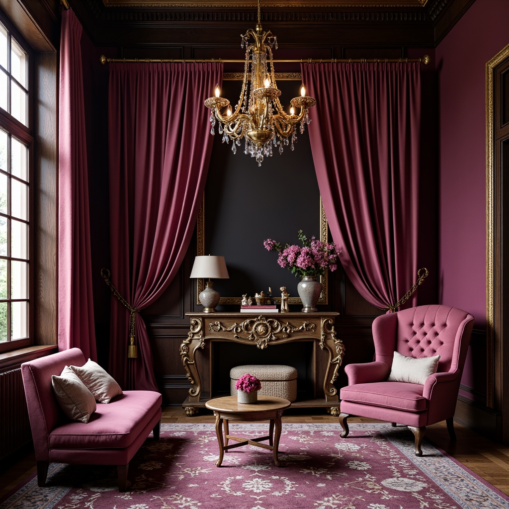 Prompt: Rich plum tones, luxurious velvet fabrics, ornate golden accents, sophisticated dark wood furniture, lavish crimson reds, deep berry hues, mysterious purple undertones, warm beige neutrals, elegant cream whites, soft blush pinks, whimsical floral patterns, intricate lace details, vintage antique objects, dramatic chiaroscuro lighting, 1/1 composition, realistic textures, ambient occlusion.