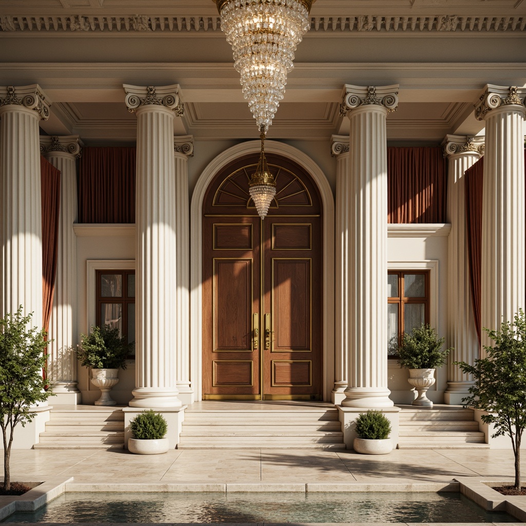 Prompt: Grand neoclassical facade, ornate stone carvings, Corinthian columns, intricately patterned marble floors, polished brass door handles, richly textured velvet drapes, lavish crystal chandeliers, subtle creamy walls, opulent gold leaf accents, imposing wooden doors, classical sculptures, stately fountains, serene natural lighting, 1/2 composition, symmetrical layout, realistic renderings, ambient shading.