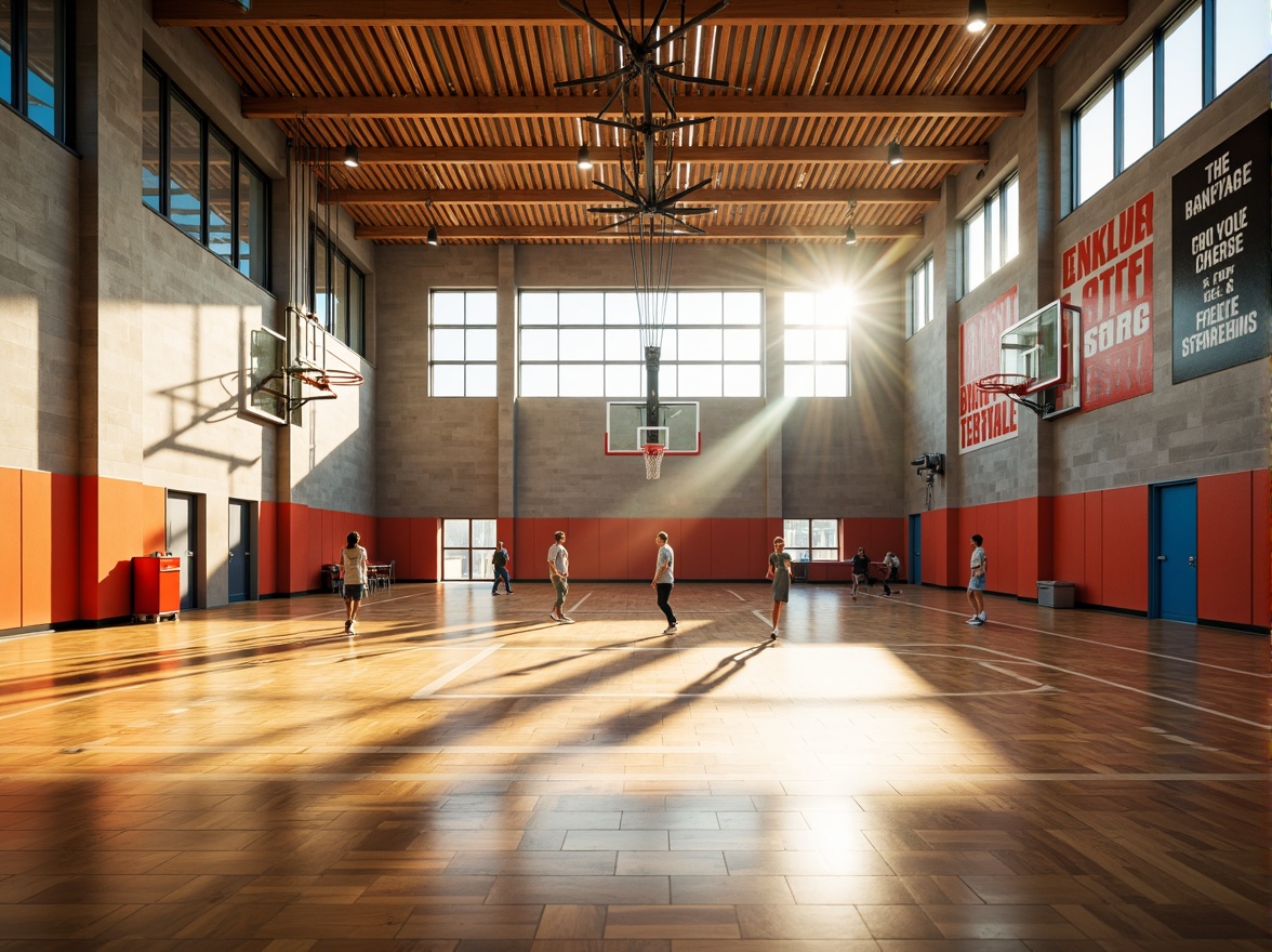 Prompt: Vibrant gymnasium interior, polished wooden flooring, basketball hoops, athletic equipment, sports-themed murals, inspirational quotes, natural light pouring in, large windows, modern architecture, open spaces, dynamic movements, energetic atmosphere, soft warm lighting, shallow depth of field, 3/4 composition, panoramic view, realistic textures, ambient occlusion.