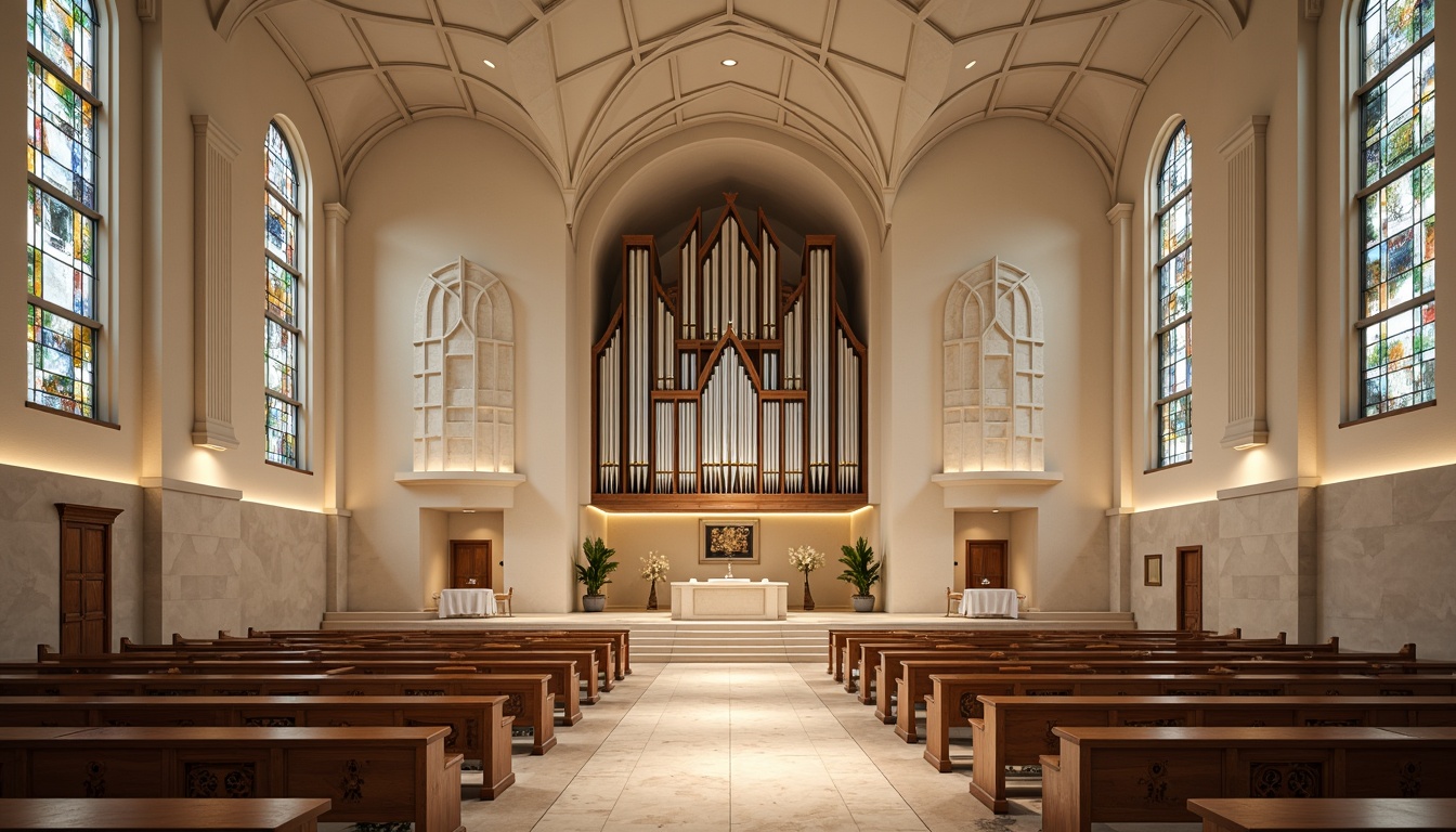 Prompt: Minimalist worship hall, vaulted ceilings, slender columns, marble flooring, ornate chandeliers, stained glass windows, abstract geometric patterns, neutral color palette, natural stone walls, grand organs, intricately carved wooden pews, ambient soft lighting, shallow depth of field, 1/1 composition, symmetrical architecture, sacred symbols, cultural artifacts, luxurious textiles, subtle aromas, peaceful atmosphere, warm beige tones.