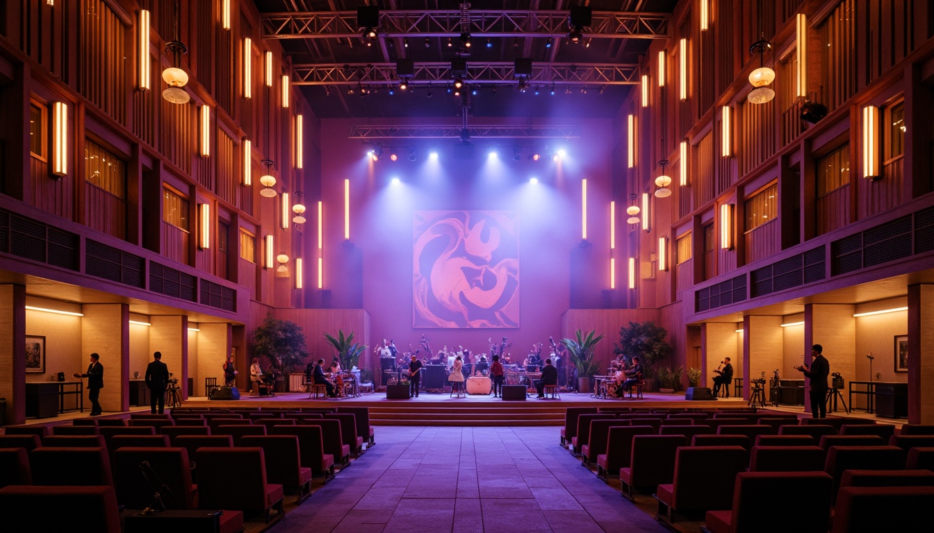 Prompt: Vibrant concert hall, eclectic music instruments, warm stage lighting, rich wood tones, bold color accents, dynamic sound waves, comfortable seating areas, intimate performance spaces, abstract artistic patterns, rhythmic geometric shapes, harmonious color palettes, soothing ambient textures, subtle gradient effects, atmospheric fog machines, dramatic spotlights, 3/4 composition, low-angle shot, cinematic depth of field.