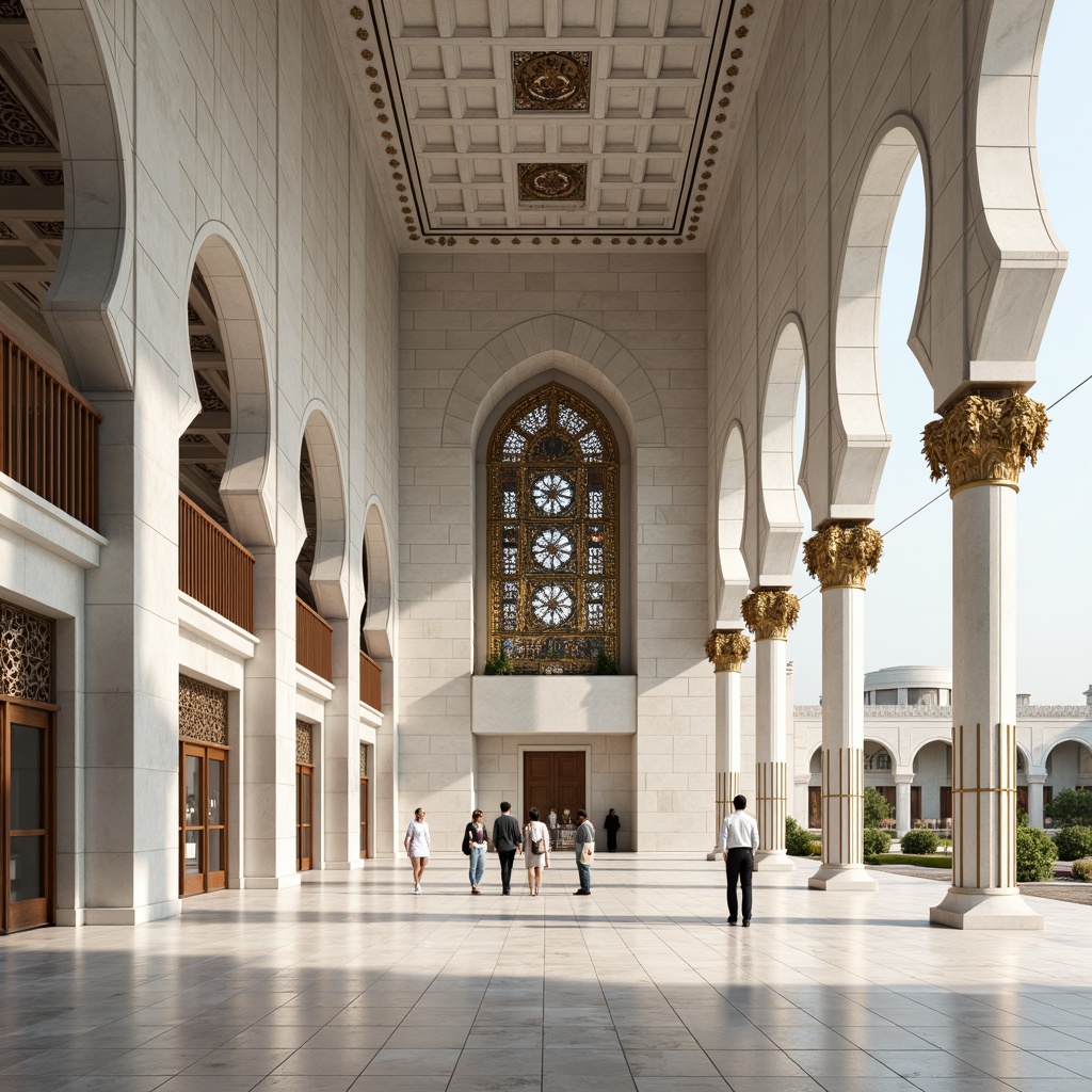 Prompt: Minimalist mosque, geometric patterns, Islamic calligraphy, ornate tile work, grand arches, symmetrical fa\u00e7ade, white marble columns, sleek metal accents, stained glass windows, natural light illumination, subtle color palette, 1/1 composition, shallow depth of field, realistic textures, ambient occlusion, morning sunlight, calm atmosphere.Let me know if this meets your expectations!