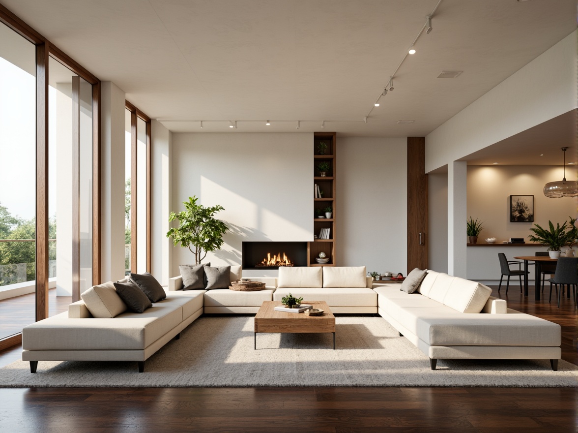 Prompt: Modern living room, sleek minimalist furniture, spacious open floor plan, large windows, natural light pouring in, soft warm lighting, creamy white walls, dark wood flooring, comfortable sectional sofa, stylish coffee table, functional shelving units, cozy reading nook, built-in bookcases, ambient occlusion, 1/1 composition, shallow depth of field, realistic textures.