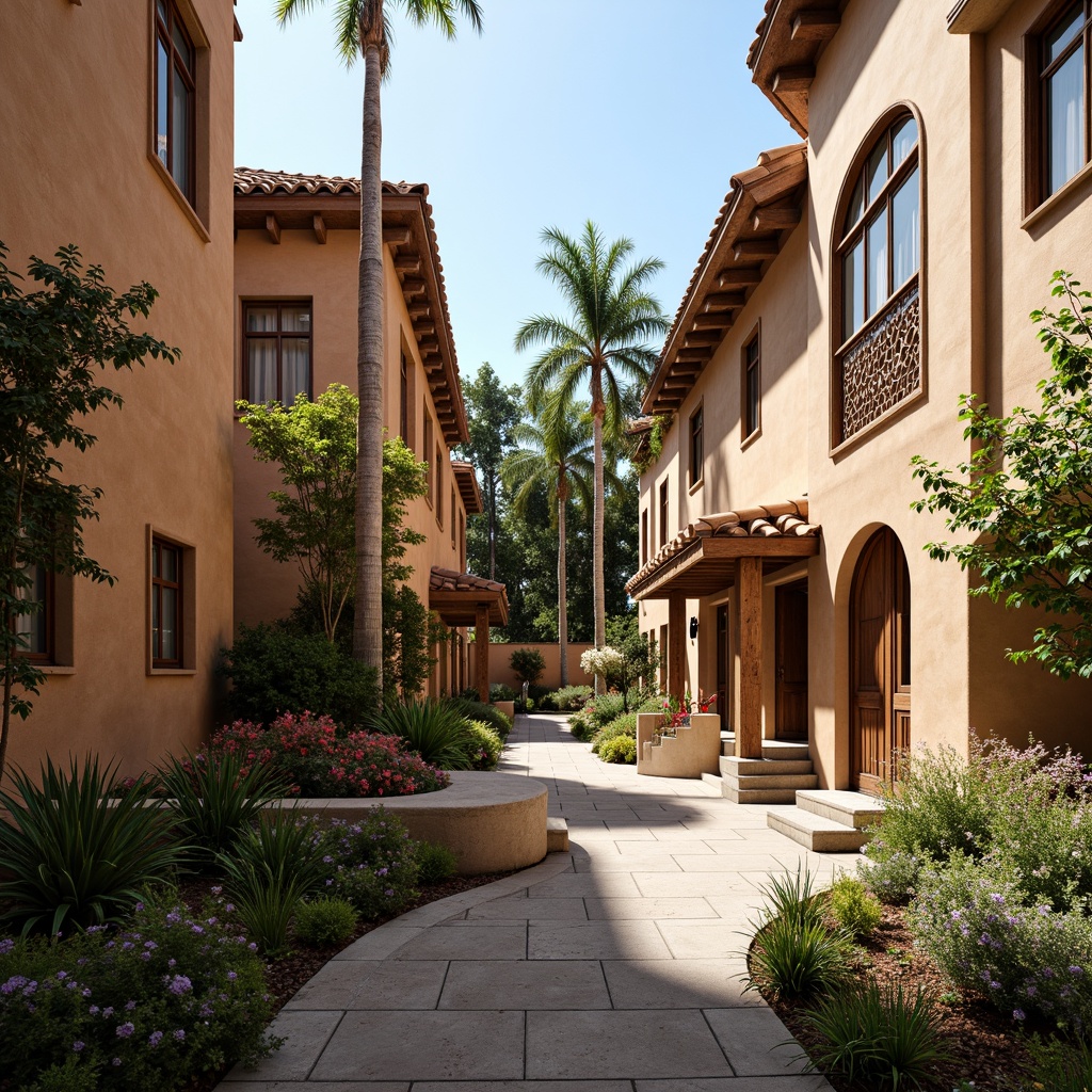 Prompt: Regionalism style buildings, clay tile roofs, curved lines, earthy tones, natural materials, rustic charm, Mediterranean influences, warm color palette, wooden accents, ornate decorations, arched windows, asymmetrical facades, lush greenery, tropical plants, vibrant flowers, sunny day, soft warm lighting, shallow depth of field, 3/4 composition, panoramic view, realistic textures, ambient occlusion.