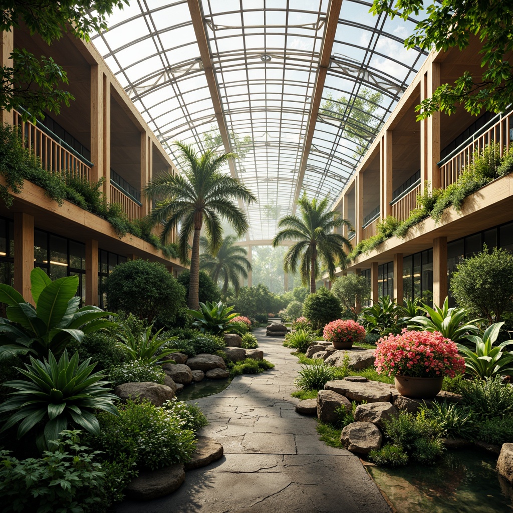 Prompt: Tropical greenhouse interior, lush vegetation, exotic flowers, natural stone pathways, wooden trellises, curved glass roofs, modern minimalist architecture, large windows, sliding glass doors, abundant natural light, warm misty atmosphere, shallow depth of field, 1/1 composition, realistic plant textures, ambient occlusion, serene water features, small ponds, fountain sounds, lush green walls, vertical gardens, eco-friendly materials, sustainable energy systems, solar panels, innovative climate control technologies.