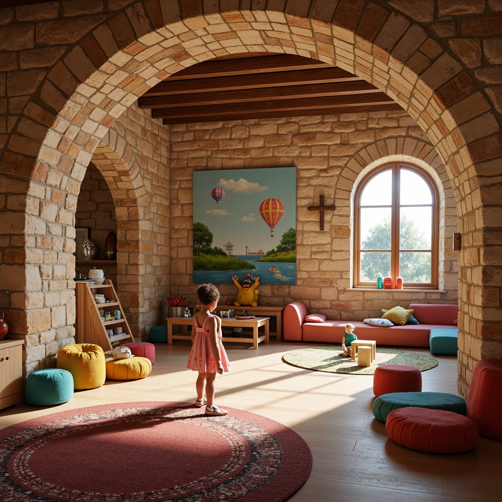 Prompt: Warm kindergarten interior, Romanesque arches, rustic stone walls, wooden beams, colorful murals, playful children's furniture, soft cushions, vibrant rugs, educational toys, interactive play areas, cozy reading nooks, natural light, warm gentle lighting, 1/1 composition, intimate atmosphere, earthy tones, textured stonework, wooden accents, whimsical decorative elements, lively patterns, friendly ambiance.