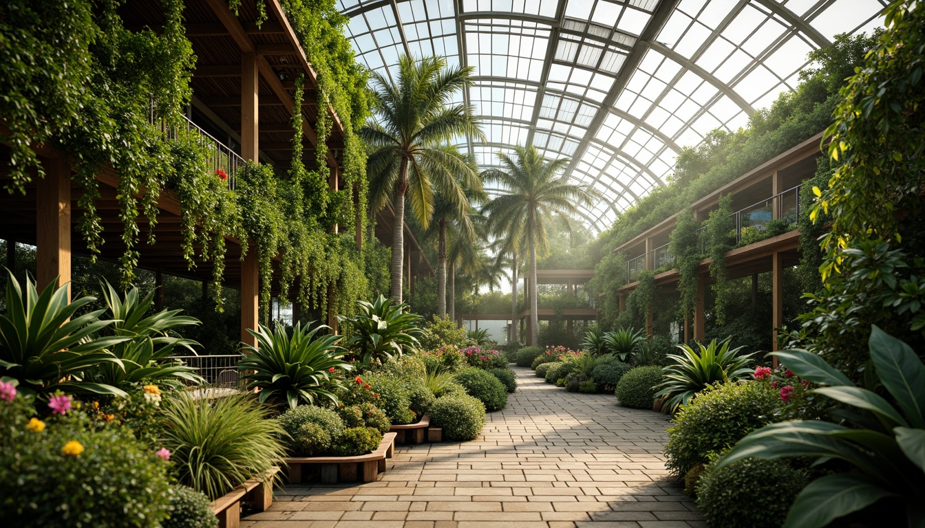 Prompt: Tropical greenhouse interior, lush green walls, exotic plants, natural stone flooring, wooden trellis, misting systems, warm soft lighting, shallow depth of field, 1/1 composition, realistic textures, ambient occlusion, modern minimalist architecture, curved glass roofs, steel frames, automatic irrigation systems, climate control technologies, ventilation systems, natural ventilation, organic farming methods, vibrant colorful flowers, blooming trees, serene ambiance, peaceful atmosphere.