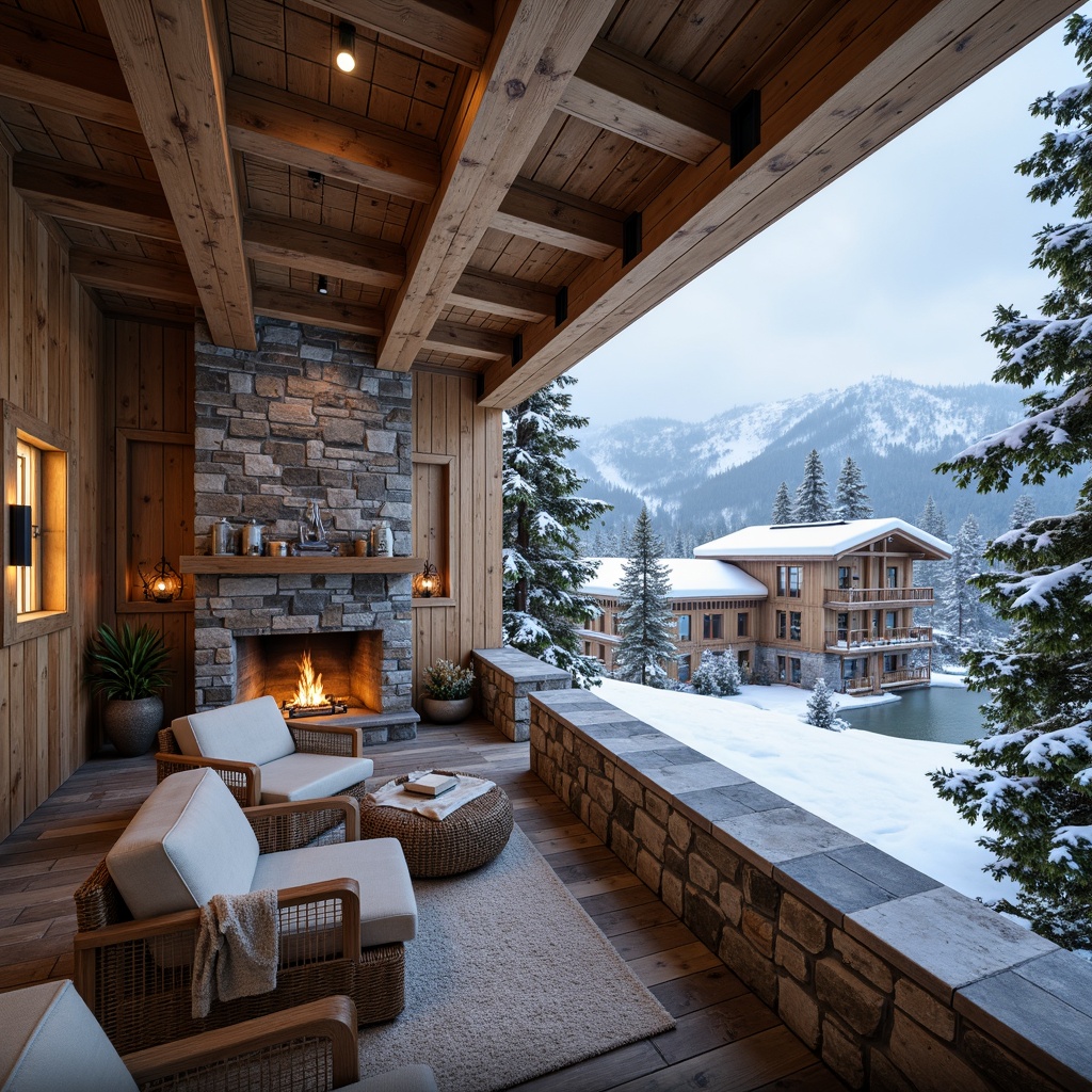 Prompt: Rustic ski center, wooden exterior, stone foundations, earthy tones, natural fabrics, woven textiles, reclaimed wood accents, cozy fireplace, snow-covered roofs, mountainous surroundings, evergreen trees, frozen lake views, crisp winter air, soft warm lighting, shallow depth of field, 1/2 composition, realistic textures, ambient occlusion.