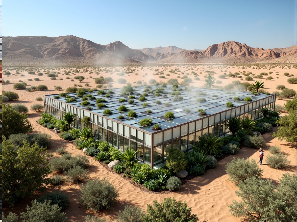 Prompt: Desert greenhouse, lush vegetation, tropical plants, misting system, evaporative cooling, shading devices, climate control, temperature regulation, humidification systems, air circulation fans, vertical farming, hydroponic systems, nutrient-rich soil, automatic irrigation, solar-powered pumps, insulated walls, double-glazed windows, natural ventilation, wind catchers, clerestory windows, roof vents, skylights, desert landscape, sandy dunes, cactus plants, hot sunny day, clear blue sky, vast open space, sustainable energy solutions.