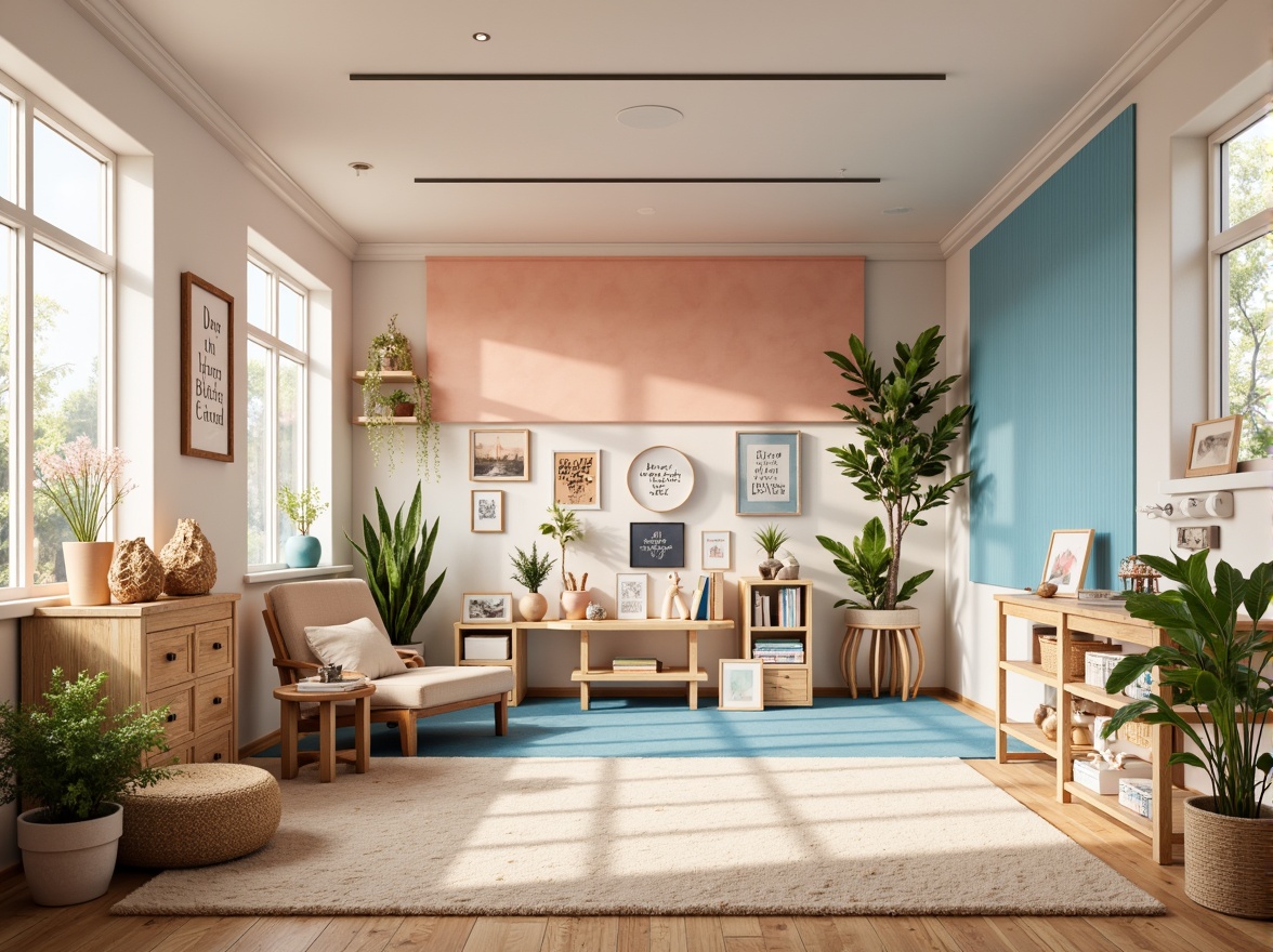 Prompt: Vibrant art studio, pastel colors, soft peach tones, calming blue hues, warm beige accents, creamy white backgrounds, natural wood textures, eclectic artistic decorations, inspirational quotes, cozy reading nooks, plush area rugs, floor-to-ceiling windows, abundant natural light, 1/1 composition, warm softbox lighting, realistic material rendering, ambient occlusion.