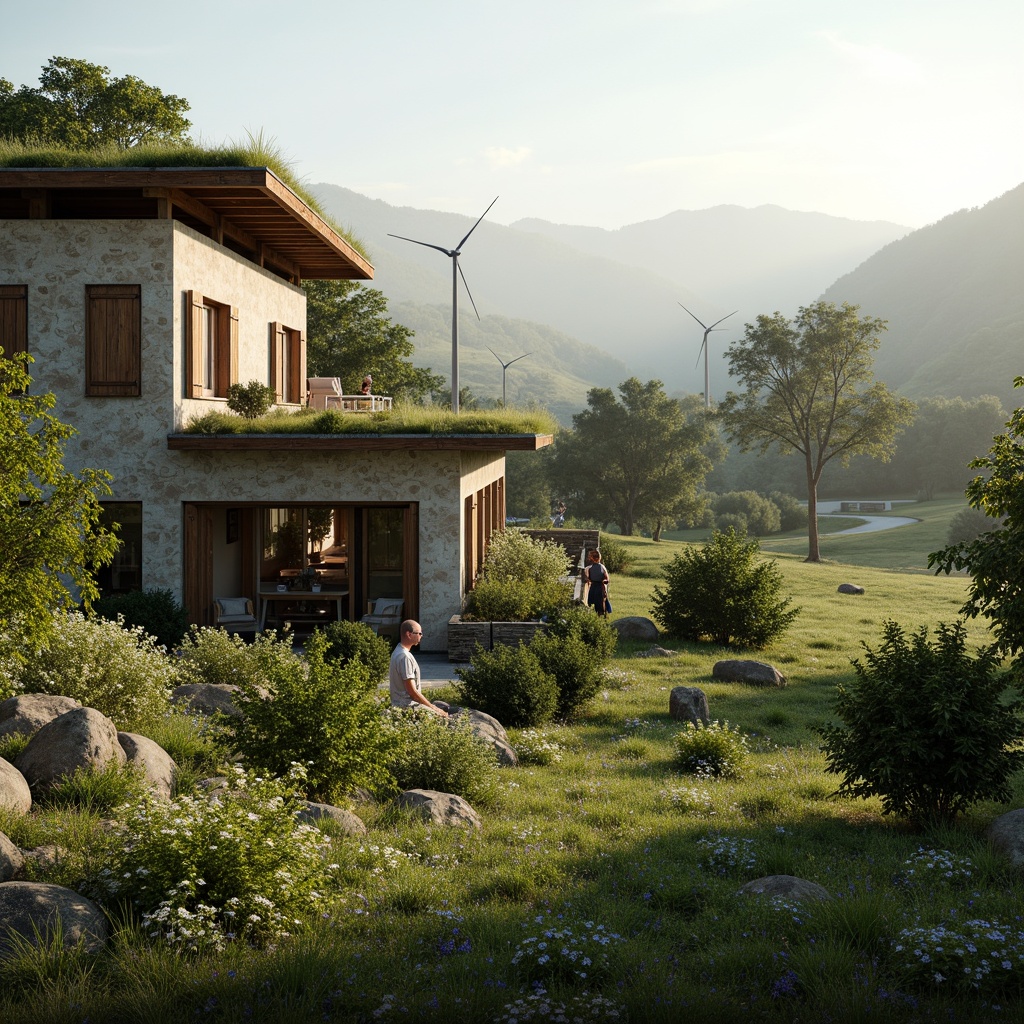 Prompt: Rustic rural farmhouse, natural stone walls, wooden shutters, green roofs, solar panels, wind turbines, rainwater harvesting systems, eco-friendly materials, organic gardens, wildflower meadows, serene countryside views, misty morning atmosphere, soft warm lighting, shallow depth of field, 3/4 composition, panoramic view, realistic textures, ambient occlusion.