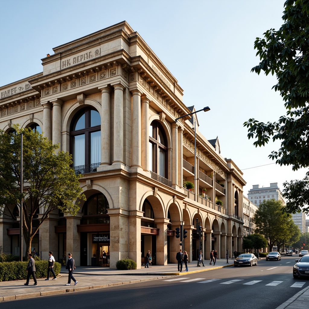 Prompt: Grand neoclassical market building, ornate fa\u00e7ade, Corinthian columns, decorative cornices, intricate stonework, rusticated base, grand archways, large windows, symmetrical composition, warm beige stone, cream-colored marble, polished bronze details, vibrant streetlights, bustling city atmosphere, afternoon sunlight, soft shadows, 1/2 composition, realistic textures, ambient occlusion.