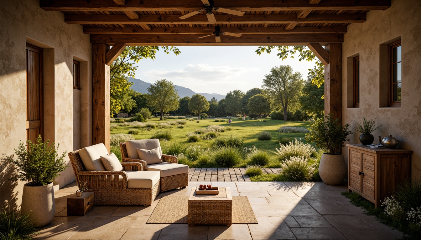 Prompt: Rustic rural landscape, wooden farmhouse, natural stone walls, clay roof tiles, earthy color palette, reclaimed wood accents, woven wicker furniture, vintage metal decorations, lush green meadow, wildflower fields, serene countryside views, warm golden lighting, shallow depth of field, 1/1 composition, realistic textures, ambient occlusion.