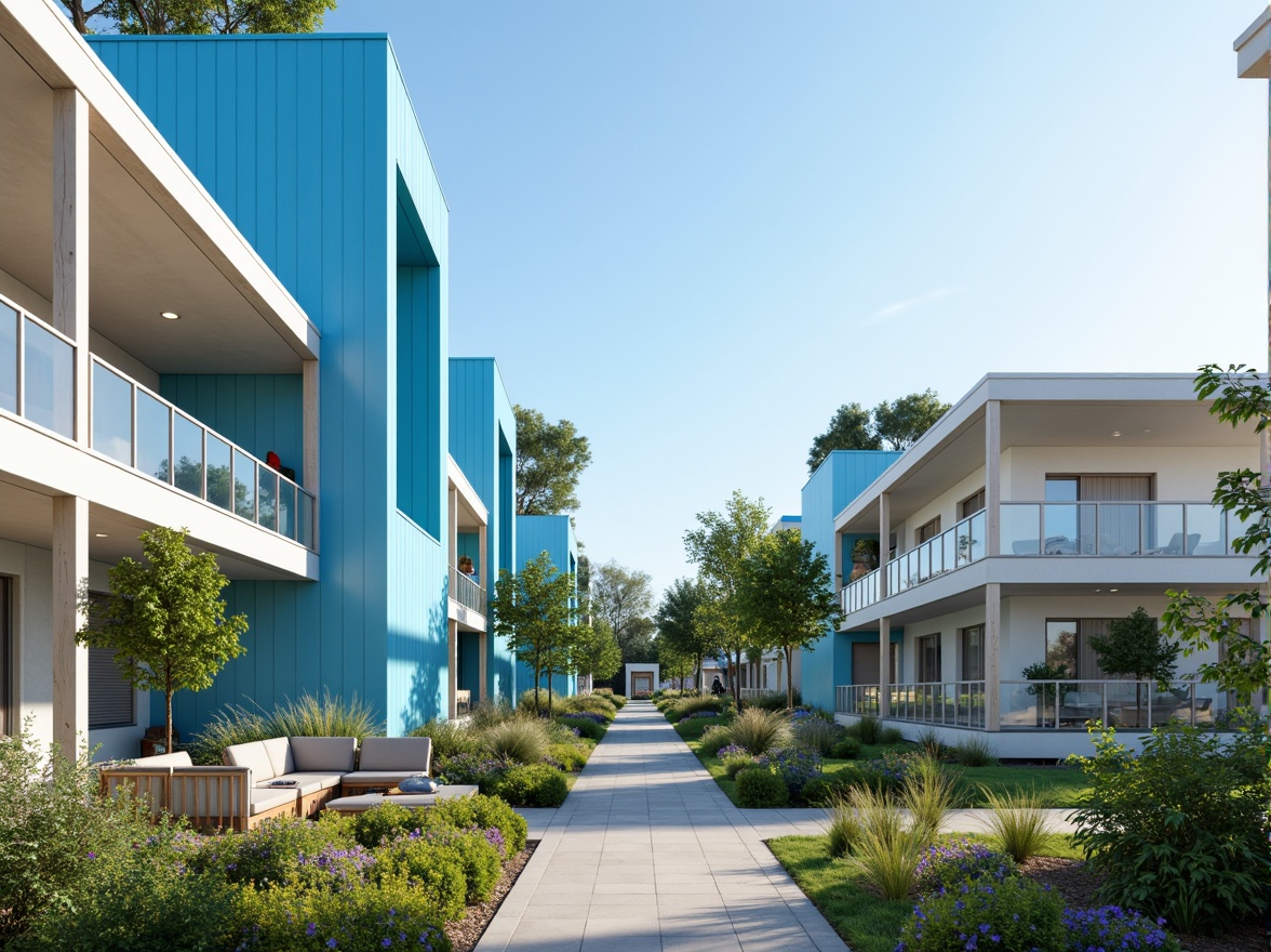 Prompt: Sky blue accent walls, crisp white facades, sleek silver roofing, transparent glass railings, minimalist steel frames, airy open spaces, modern low-rise buildings, serene natural surroundings, lush greenery, vibrant flowers, clear blue skies, warm sunny days, soft diffused lighting, 3/4 composition, panoramic views, realistic textures, ambient occlusion.