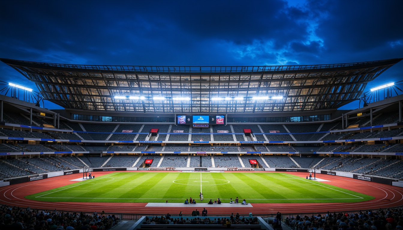 Prompt: Modern stadium facade, steel framework, angular lines, curved rooflines, dynamic shapes, metallic luster, reflective surfaces, LED lighting systems, nighttime illumination, vibrant color schemes, athletic track surroundings, green grass fields, audience seating areas, transparent glass walls, cantilevered structures, futuristic architecture, urban cityscape background, dramatic shadows, high-contrast lighting, 1/2 composition, realistic textures, ambient occlusion.