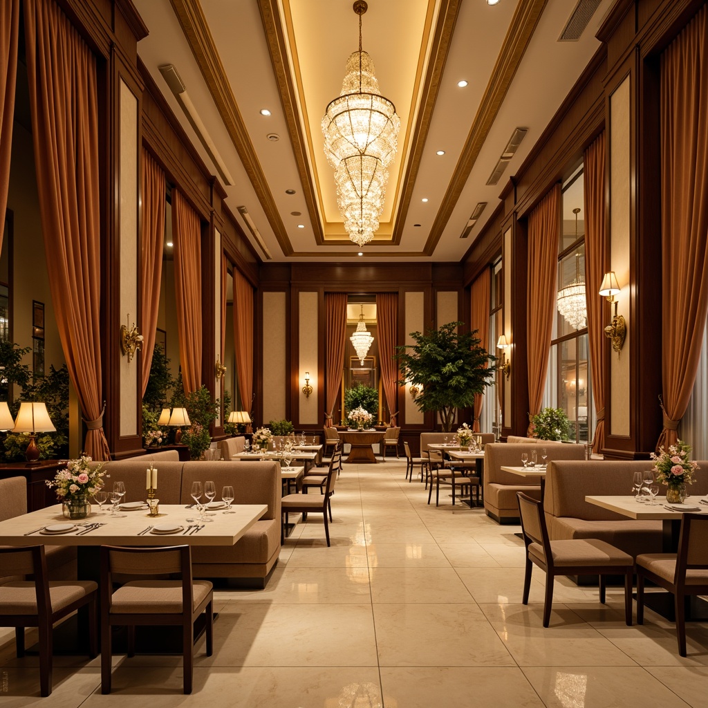 Prompt: Elegant dining hall, luxurious chandeliers, rich wood furnishings, sophisticated velvet drapes, warm beige walls, soft golden lighting, cream-colored marble floors, ornate mirrors, lavish flower arrangements, refined silverware, classic rectangular tables, comfortable plush chairs, intimate ambiance, cozy atmosphere, 1/1 composition, shallow depth of field, realistic textures, ambient occlusion.