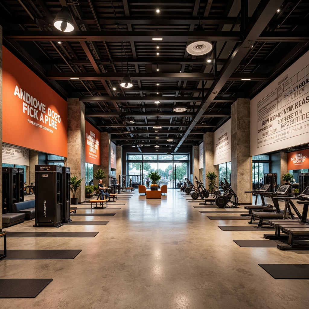 Prompt: Modern fitness center, industrial chic decor, polished concrete floors, sleek metal beams, vibrant color schemes, motivational quotes, state-of-the-art equipment, free weights, cardio machines, yoga mats, mirrored walls, LED lighting, high ceilings, open spaces, minimalist design, functional layout, efficient circulation paths, comfortable lounge areas, natural stone accents, reclaimed wood features, bold typography, urban loft ambiance, dramatic spotlights, 1/1 composition, shallow depth of field, soft warm lighting.