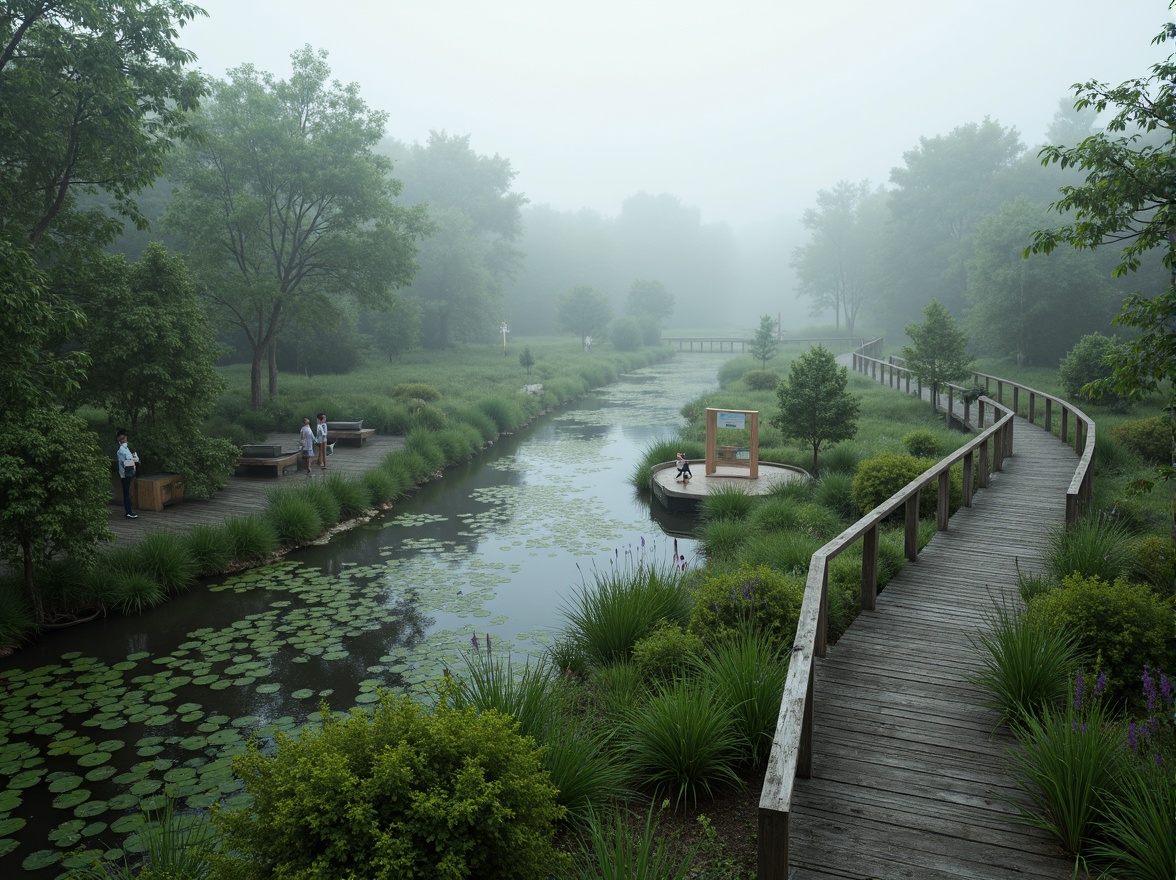 Prompt: Misty wetland scenery, lush green vegetation, water lilies, cattails, murky waters, wooden boardwalks, observation decks, nature trails, birdwatching areas, educational signs, rustic metal railings, natural stone pathways, winding streams, serene atmosphere, soft diffused lighting, shallow depth of field, 1/1 composition, intimate view, realistic textures, ambient occlusion.