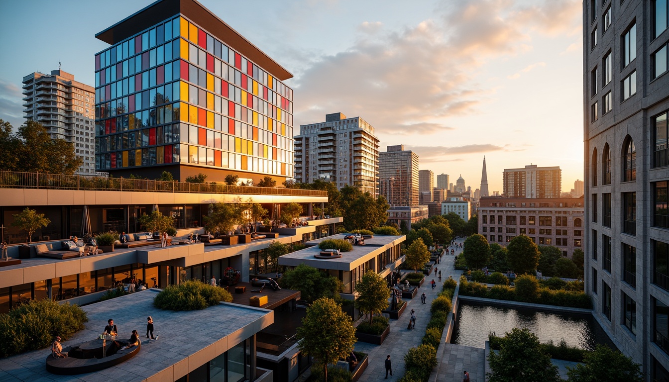 Prompt: Vibrant cityscape, contemporary architecture, sleek glass facades, metallic accents, bold color blocking, gradient sky, warm golden lighting, 1/2 composition, shallow depth of field, atmospheric perspective, rich textures, subtle noise, urban jungle, verdant rooftops, industrial chic, exposed ductwork, polished concrete floors, reclaimed wood accents.