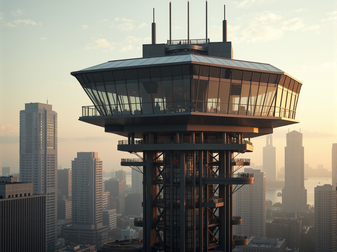 Prompt: Futuristic watchtower, sleek metallic framework, angular lines, minimalist design, cantilevered structures, glass and steel materials, industrial textures, bold color contrasts, urban cityscape, morning mist, soft warm lighting, shallow depth of field, 1/1 composition, low-angle shot, dramatic shadows, atmospheric haze.