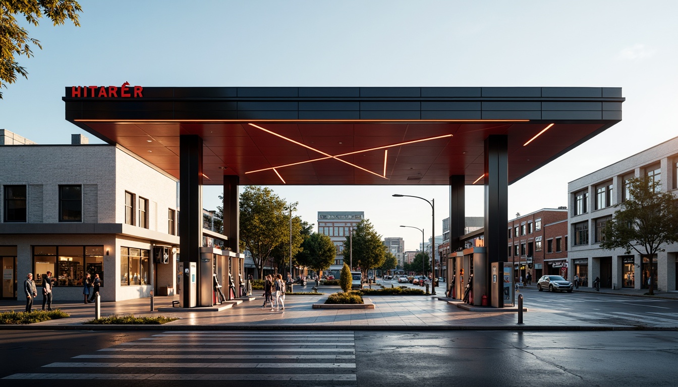 Prompt: Gas station canopy, sleek metal framework, cantilevered rooflines, angular supports, minimalist architecture, bold color schemes, neon signage, retro-futuristic accents, geometric patterns, polished concrete floors, industrial lighting fixtures, modern fuel pumps, stainless steel tanks, urban cityscape, busy street intersection, afternoon sunlight, dramatic shadows, high-contrast lighting, 2/3 composition, symmetrical framing, detailed textures, ambient occlusion.