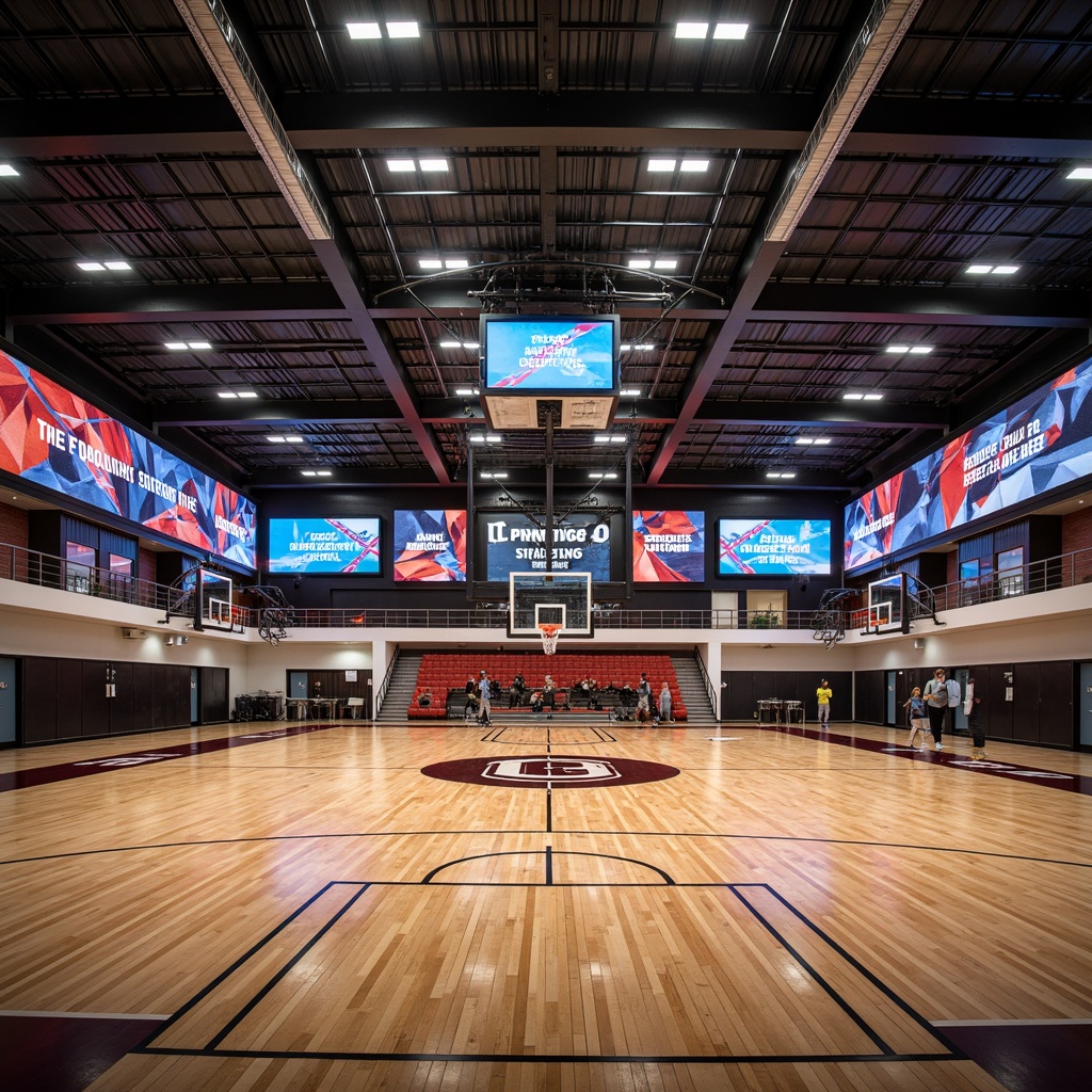 Prompt: Inspiring gymnasium interior, polished wooden floors, gleaming sports equipment, motivational quotes, modern LED lighting, sleek metal beams, exposed ductwork, industrial-chic design, vibrant team colors, bold graphic patterns, dynamic ceiling installations, suspended athletic tracks, premium rubber flooring, professional-grade scoreboards, energizing color schemes, high-contrast textures, 1/2 composition, dramatic shadows, warm ambient lighting.