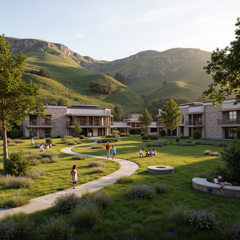 Prompt: Rural hospital building, natural surroundings, rolling hills, lush greenery, wildflowers, meandering pathways, wooden benches, rustic stone walls, modern medical facilities, large windows, natural light, warm color scheme, earthy tones, organic textures, serene atmosphere, peaceful ambiance, 3/4 composition, shallow depth of field, realistic rendering, ambient occlusion.