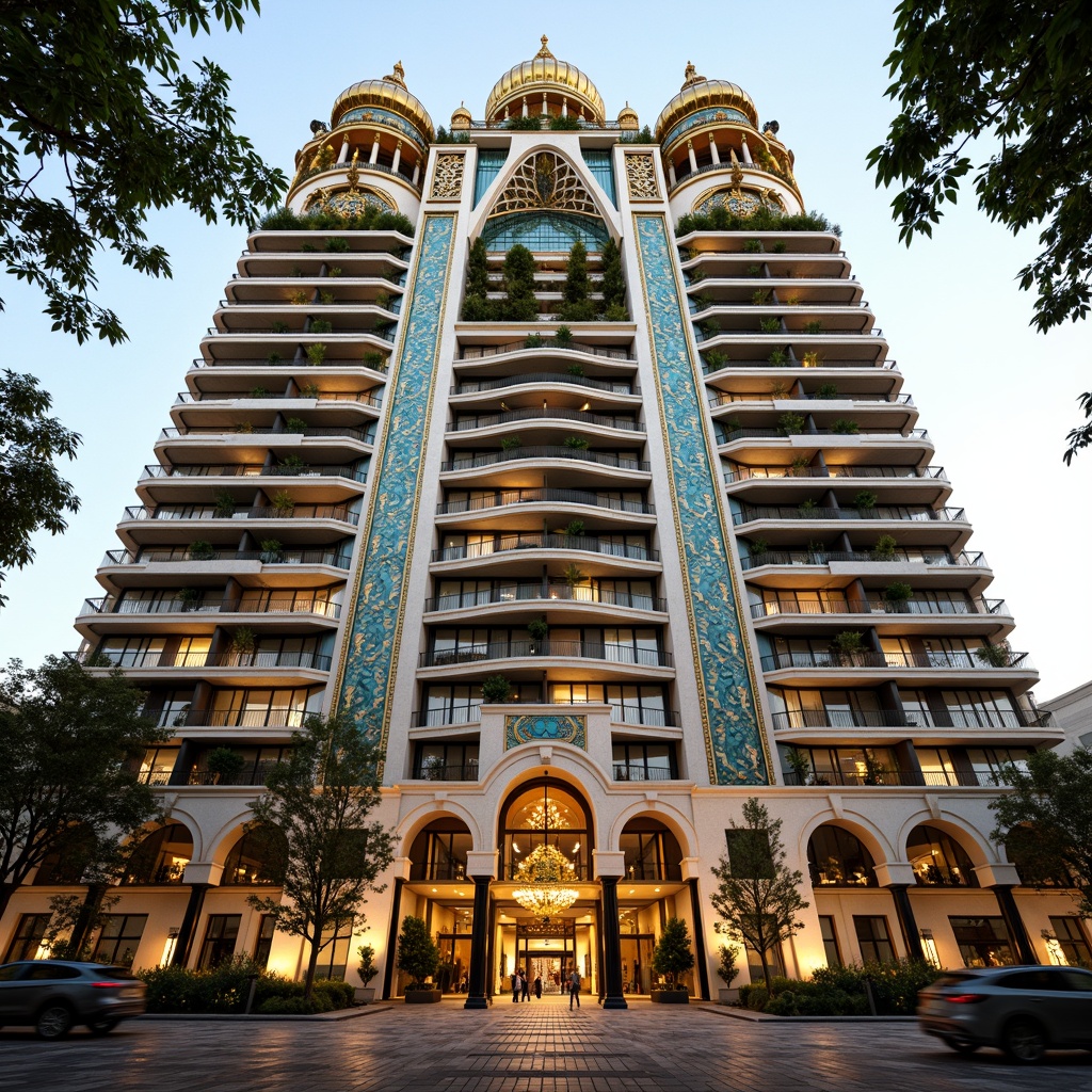 Prompt: Ornate Byzantine skyscraper facade, golden domes, intricate mosaics, ornamental arches, grand entranceways, marble columns, vibrant turquoise accents, luxurious balconies, gilded details, symmetrical compositions, dramatic verticality, atmospheric perspective, warm afternoon light, shallow depth of field, 2/3 composition, detailed textures, ambient occlusion.