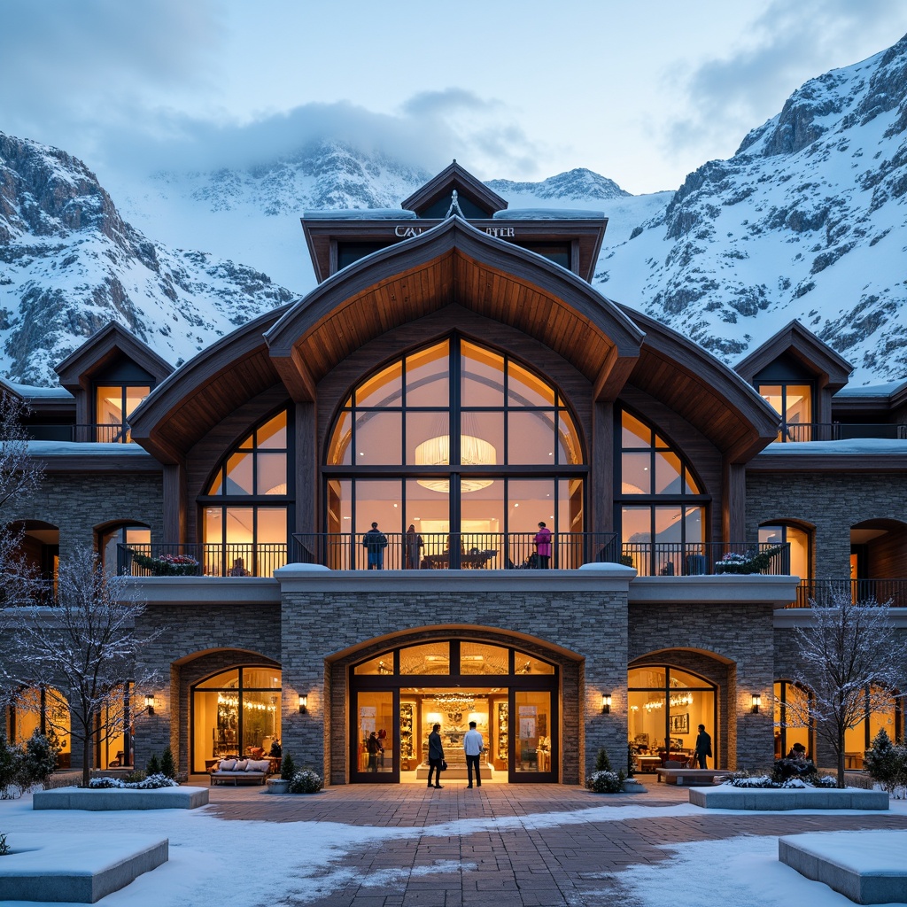 Prompt: Ornate ski center facade, grandiose entrance, curved lines, ornamental details, golden accents, snow-capped mountains, frosty windows, wooden beams, rustic stone walls, dramatic rooflines, vibrant colors, luxurious amenities, lavish decor, cozy fireplaces, warm lighting, snowy landscapes, mountainous scenery, frozen lakes, misty mornings, soft focus, atmospheric perspective, cinematic composition.