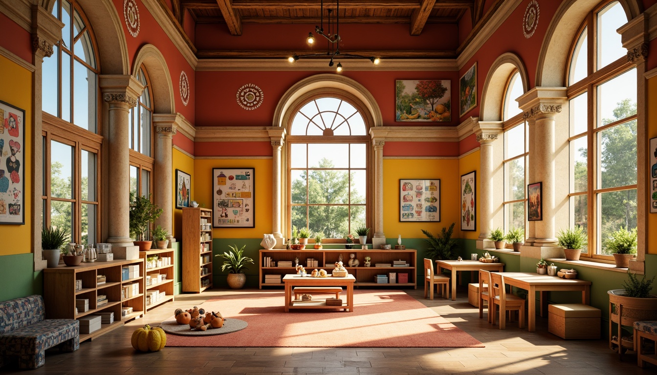 Prompt: Warm kindergarten interior, Romanesque arches, soft natural light, vibrant colorful walls, educational posters, playful toys, wooden tables, tiny chairs, cozy reading nooks, plush carpets, rounded columns, ornate stone carvings, stained glass windows, gentle warm lighting, shallow depth of field, 1/1 composition, symmetrical layout, realistic textures, ambient occlusion.