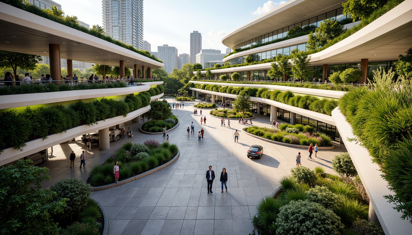 Prompt: Vibrant transportation hub, lush green roofs, verdant walls, natural stone pavement, modern architecture, sleek lines, futuristic design, dynamic LED lighting, bustling urban atmosphere, morning rush hour, warm sunlight, shallow depth of field, 3/4 composition, panoramic view, realistic textures, ambient occlusion, elevated pedestrian walkways, bike lanes, electric vehicle charging stations, solar-powered canopies, rainwater harvesting systems, green infrastructure, sustainable urban planning, thriving ecosystem, native plant species, urban forestry, public art installations, interactive exhibits.