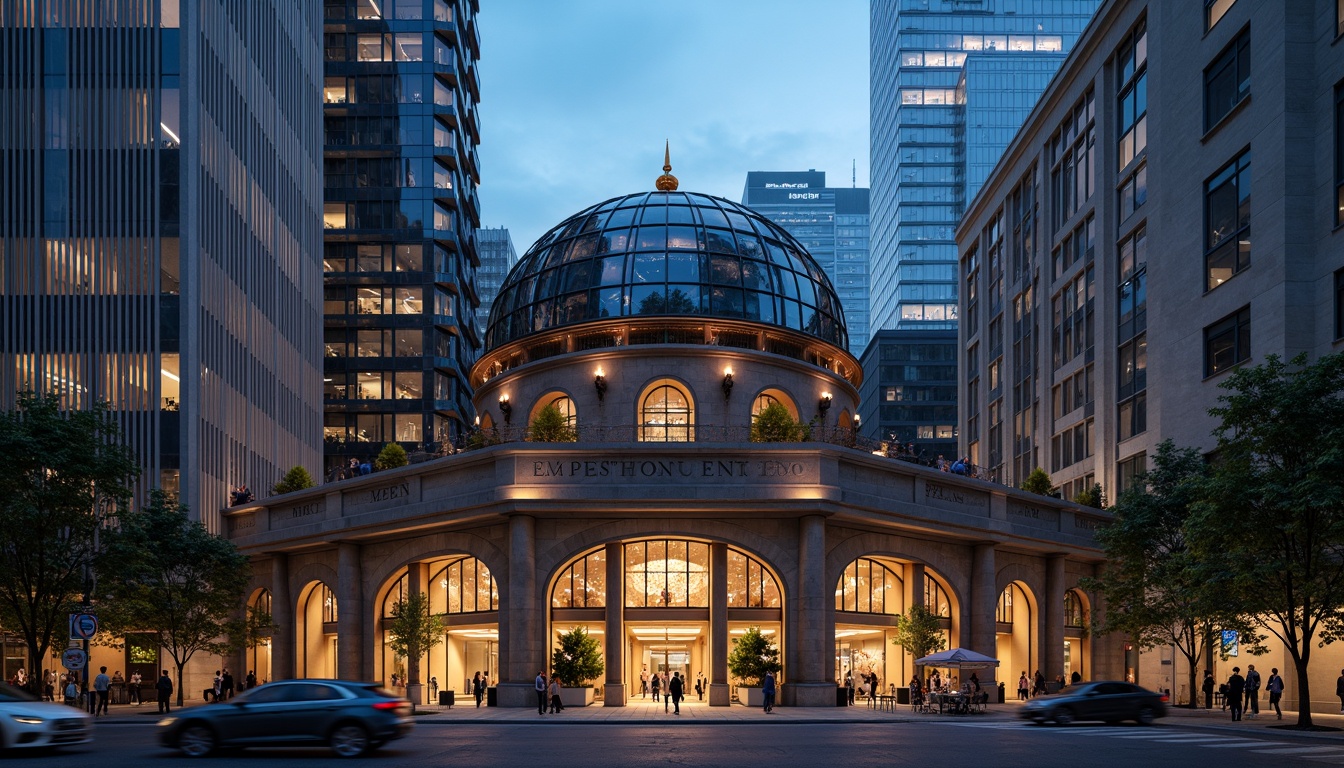 Prompt: Urban cityscape, integrated planetarium dome, classicism architecture style, grand entrance columns, ornate stone carvings, symmetrical fa\u00e7ade, curved lines, celestial body models, starry night sky projections, ambient lighting effects, soft glow illumination, shallow depth of field, 1/1 composition, panoramic view, realistic textures, ambient occlusion, surrounding skyscrapers, bustling streets, vibrant city lights, evening atmosphere.