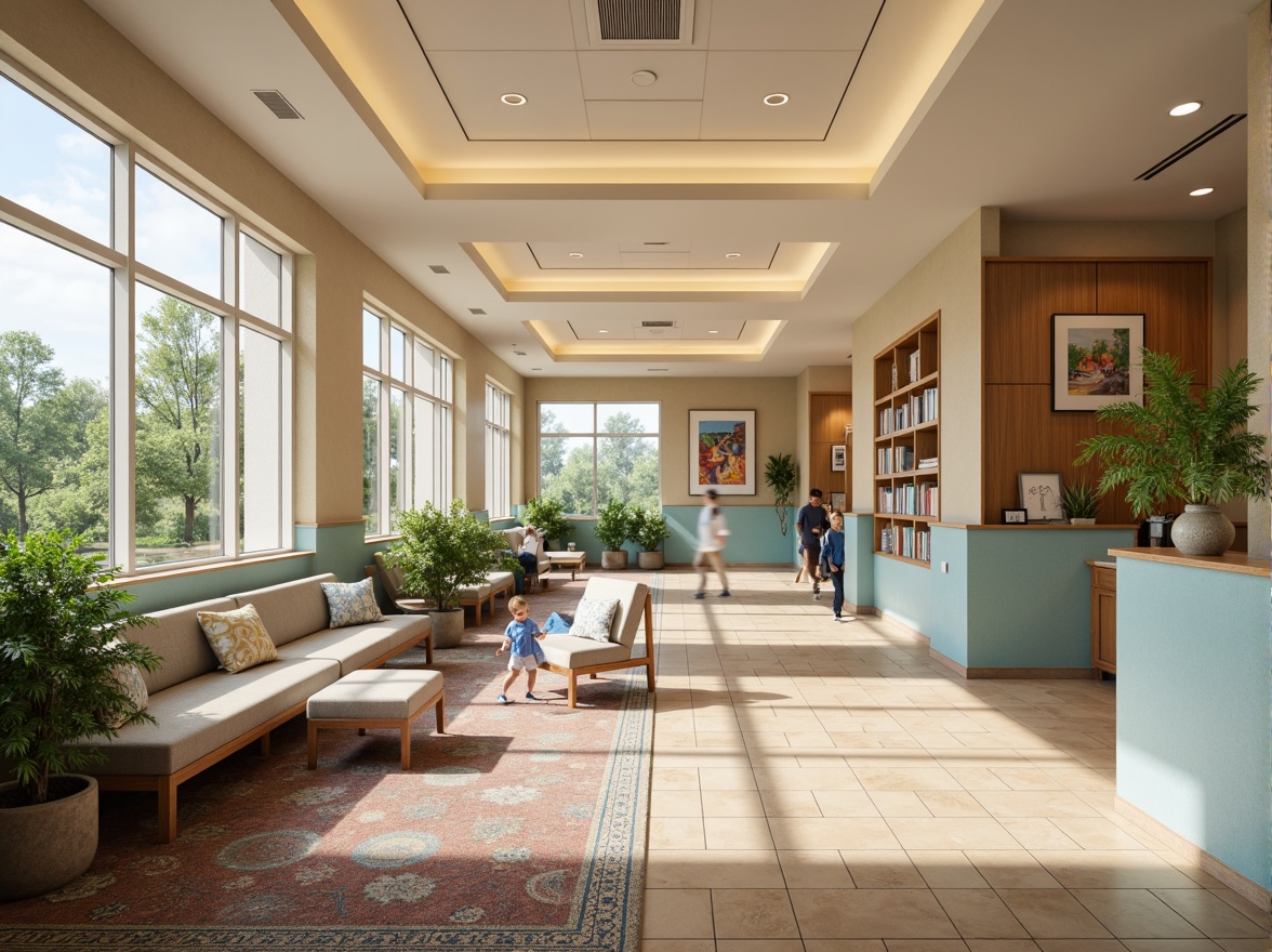 Prompt: Calming healthcare center, social housing style, warm beige walls, soothing light blue accents, natural wood furnishings, comfortable soft seating, lush green plants, vibrant colorful artwork, cozy reading nooks, spacious open areas, large windows, abundant natural light, minimalist decor, subtle texture patterns, soft warm lighting, shallow depth of field, 3/4 composition, realistic textures, ambient occlusion.