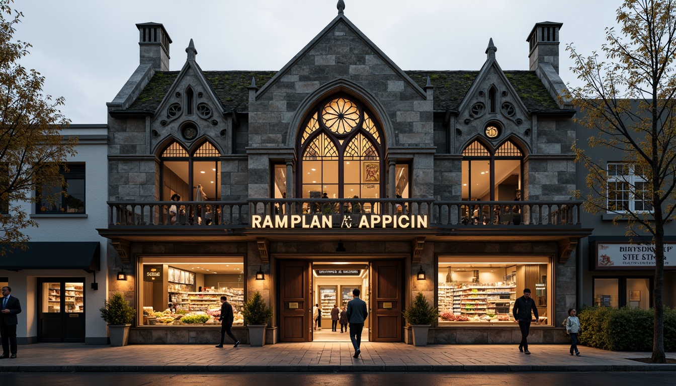 Prompt: Grocery store facade, gothic arches, ornate stone carvings, stained glass windows, intricate tracery, pointed towers, ribbed vaults, flying buttresses, grand entrance, heavy wooden doors, iron hinges, rusty metal accents, weathered stone walls, moss-covered rooftops, overcast skies, warm golden lighting, shallow depth of field, 1/2 composition, realistic textures, ambient occlusion.