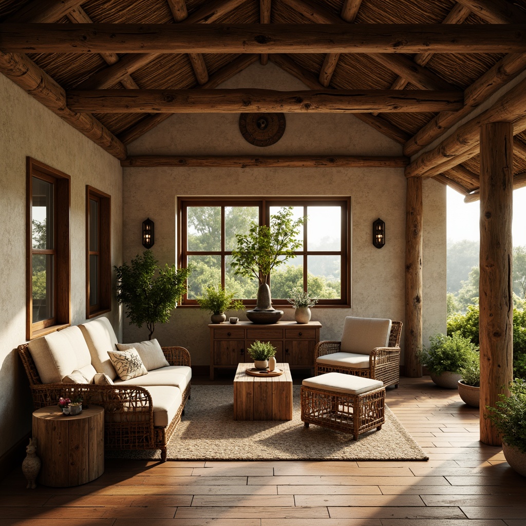 Prompt: Rustic rural landscape, wooden cottages, natural stone walls, earthy color palette, thatched roofs, wooden beams, vintage metal decorations, distressed wood accents, woven wicker furniture, linen fabrics, botanical patterns, soft warm lighting, shallow depth of field, 1/1 composition, intimate atmosphere, realistic textures, ambient occlusion.