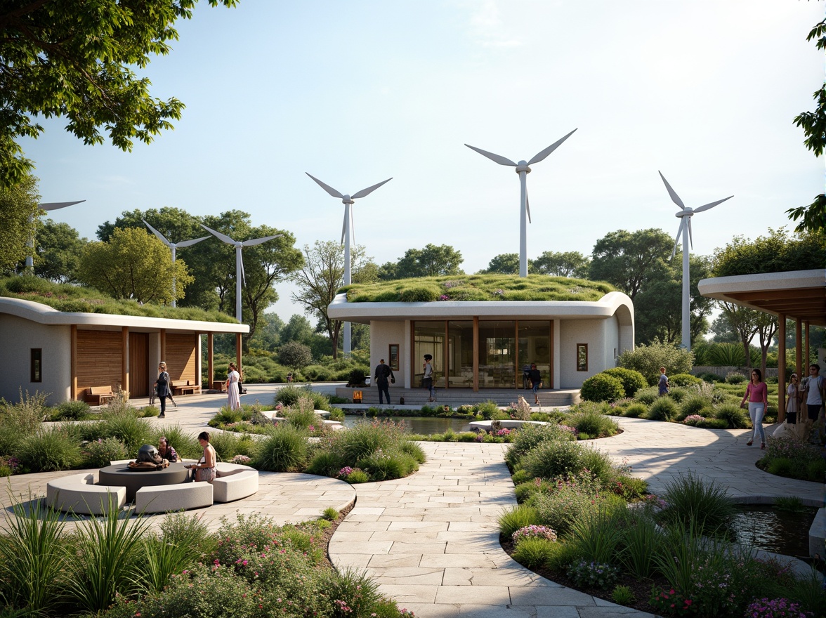 Prompt: Eco-friendly transportation hub, natural stone walls, reclaimed wood accents, living green roofs, solar panels, wind turbines, energy-efficient lighting, modern minimalist architecture, curved lines, organic shapes, lush vegetation, vibrant flowers, tranquil water features, shallow depth of field, 3/4 composition, panoramic view, realistic textures, ambient occlusion.