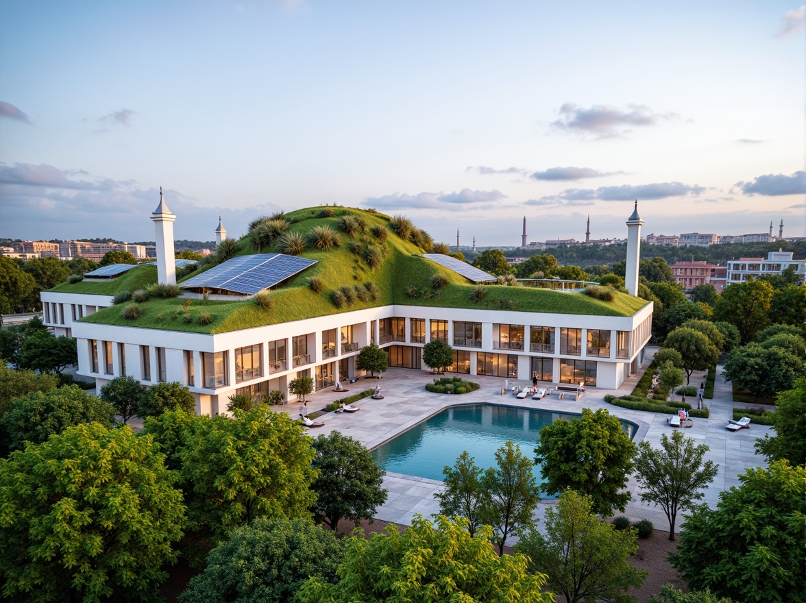 Prompt: Eco-friendly mosque, lush green roofs, solar panels, wind turbines, rainwater harvesting systems, natural stone facades, minimal ornamentation, simple geometric patterns, calming interior ambiance, soft warm lighting, energy-efficient HVAC systems, recycled materials, low-maintenance landscaping, drought-resistant plants, water-conserving wudu facilities, serene outdoor spaces, shaded courtyards, organic architecture, curved lines, minimalist decor, peaceful atmosphere, natural ventilation systems.