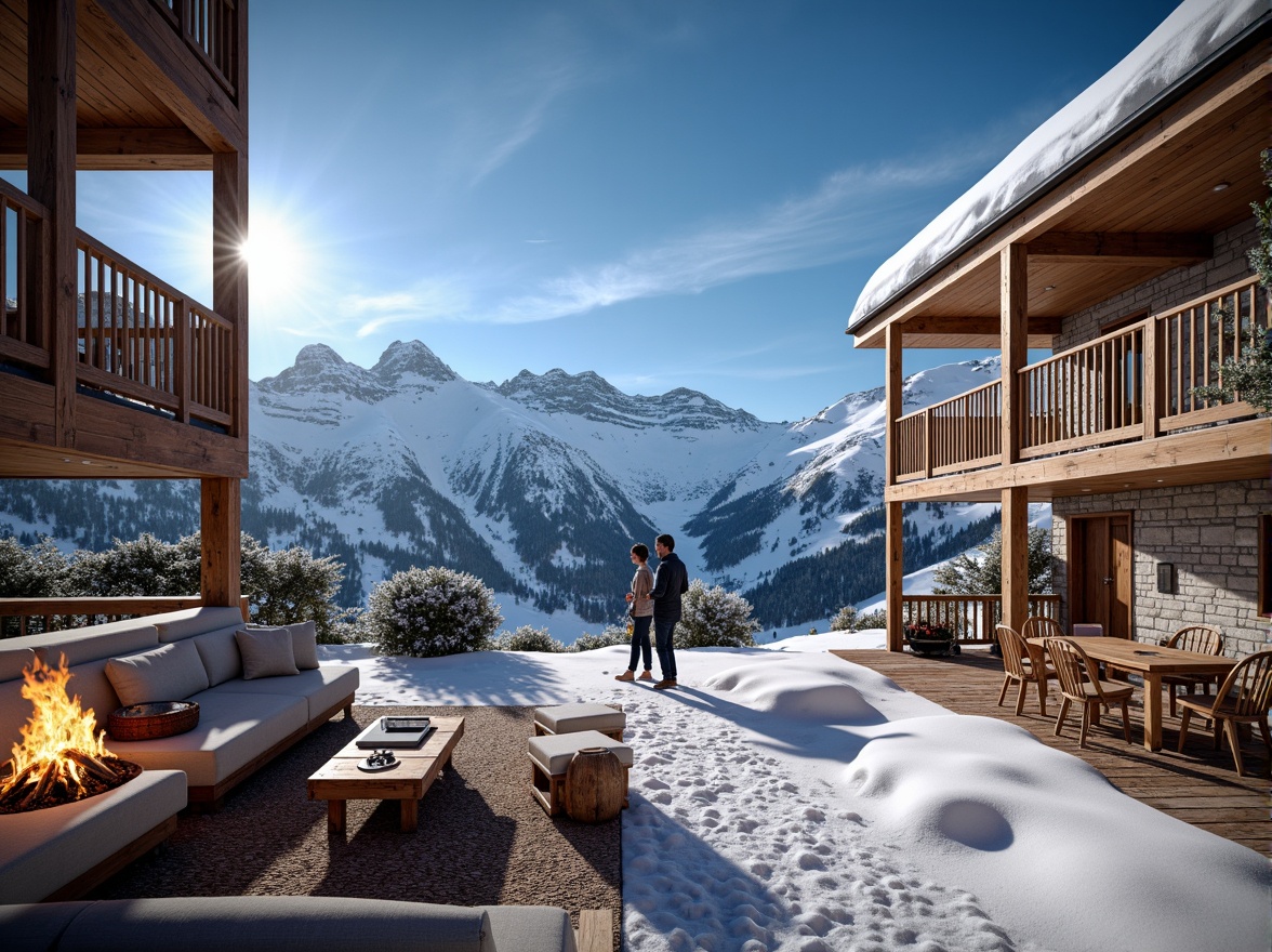 Prompt: Snow-capped mountains, frosty mornings, wooden ski chalets, rustic stone walls, warm fireplaces, cozy lodges, vibrant winter sports equipment, snowflakes, icy blues, crisp whites, earthy browns, rich wood tones, natural textiles, comfortable furnishings, soft candlelight, panoramic views, 1/1 composition, dramatic shadows, realistic ice effects.