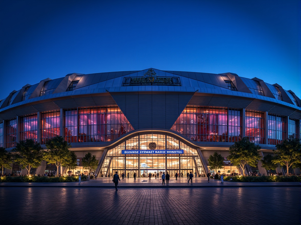 Prompt: \Sleek stadium facade, curved steel lines, metallic luster, modern architecture, cantilevered rooflines, grand entrance gates, floodlit nighttime scene, vibrant color scheme, dynamic angular shapes, ribbed metal panels, industrial materials, urban landscape, city skyline, clear blue sky, dramatic shadows, low-angle viewpoint, 1/2 composition, high-contrast lighting, realistic reflections.\