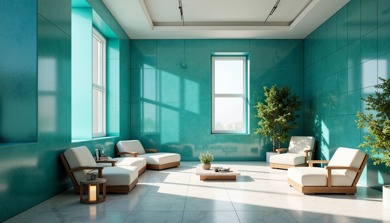 Prompt: Crisp azure walls, sleek metal accents, minimalist decor, modern furniture, polished marble floors, geometric patterns, vibrant blue-green hues, natural textures, ambient lighting, shallow depth of field, 1/1 composition, panoramic view, realistic renderings, soft warm glow, sunny day, subtle gradient effects.