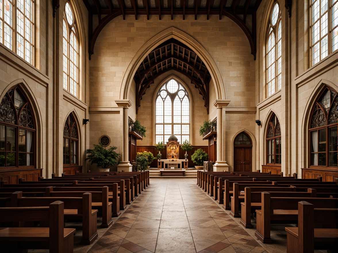 Prompt: Elegant stone fa\u00e7ade, stained glass windows, vaulted ceilings, ornate wooden pews, intricately carved altarpieces, subtle natural lighting, warm beige tones, rustic brick textures, grandiose entranceways, symmetrical composition, dramatic arches, spiritual ambiance, reverent atmosphere, soft warm glow, 1/2 composition, high-angle shot, realistic renderings.