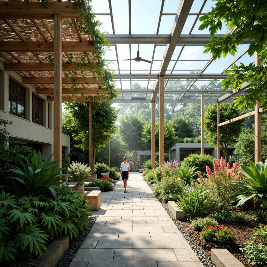 Prompt: Vibrant greenhouse interior, lush tropical plants, natural stone flooring, wooden trellises, misting systems, soft diffused lighting, shallow depth of field, 3/4 composition, panoramic view, realistic textures, ambient occlusion, modern minimalist architecture, large glass windows, sliding doors, clerestory rooflights, skylights, open-plan spaces, sustainable energy solutions, solar panels, rainwater harvesting systems, green roofs, eco-friendly materials, innovative climate control technologies, shaded outdoor spaces, benches, educational signs, blooming flowers, sunny day.