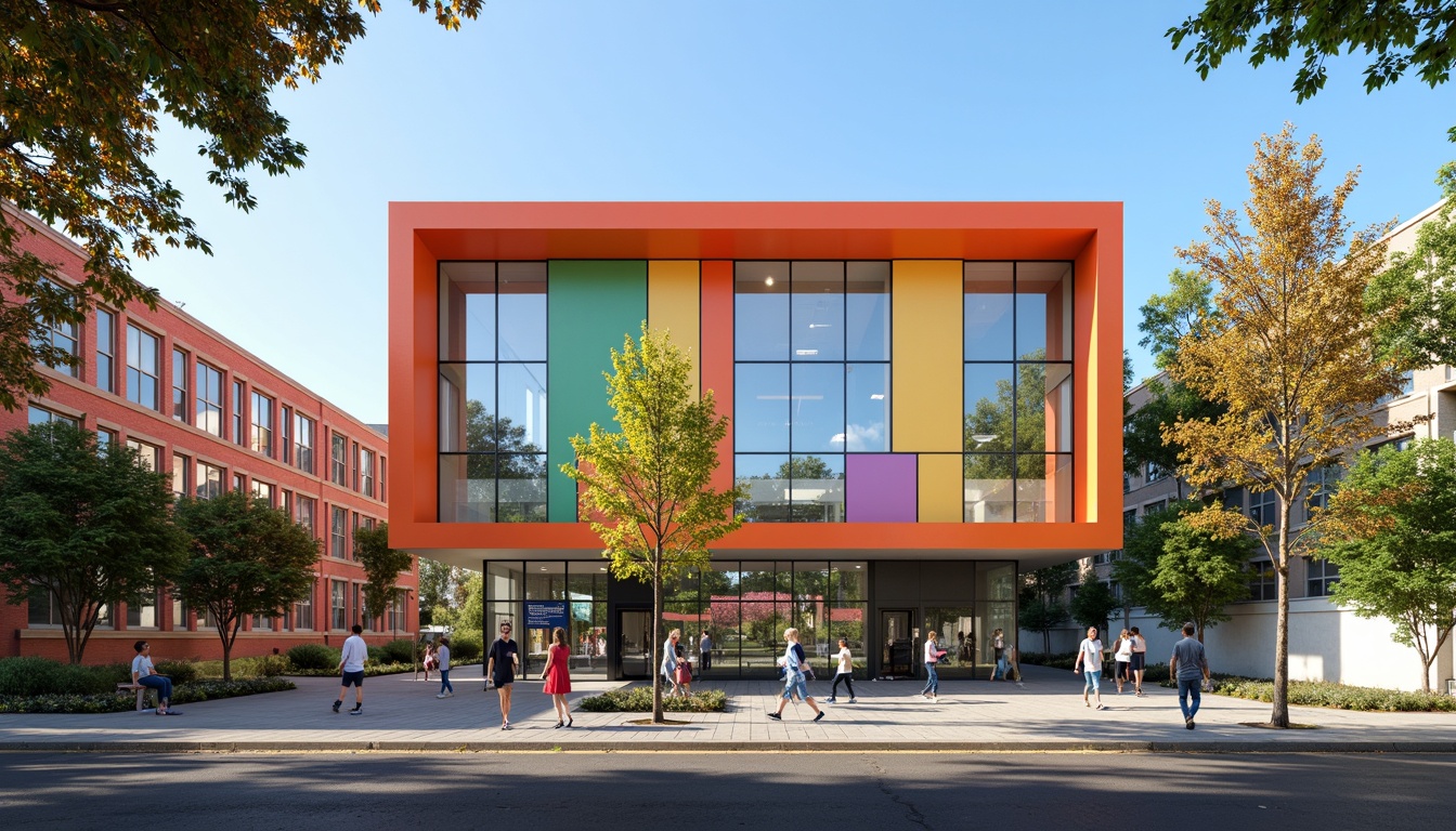 Prompt: Vibrant elementary school facade, modernist architecture, clean lines, minimal ornamentation, large windows, glass doors, steel frames, concrete walls, geometric shapes, colorful accents, educational signage, playful murals, urban landscape, bustling streets, morning sunlight, soft shadows, shallow depth of field, 1/1 composition, realistic textures, ambient occlusion.