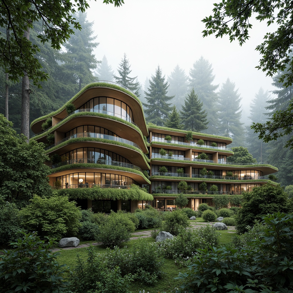 Prompt: Seamless natural integration, organic curves, living walls, green roofs, wooden accents, large windows, sliding glass doors, abundant natural light, minimal carbon footprint, sustainable materials, eco-friendly design, harmonious blend of nature and architecture, serene forest surroundings, misty atmosphere, soft diffused lighting, shallow depth of field, 1/2 composition, panoramic view, realistic textures, ambient occlusion.