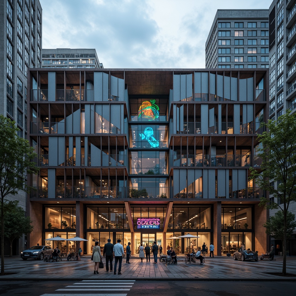 Prompt: Deconstructed gymnasium facade, fragmented architectural forms, irregular shapes, bold metallic structures, exposed ductwork, abstract geometric patterns, vibrant neon lights, urban cityscape background, cloudy grey sky, dramatic shadows, high-contrast lighting, 1/2 composition, wide-angle lens, realistic reflections, intricate details, industrial materials, distressed textures.