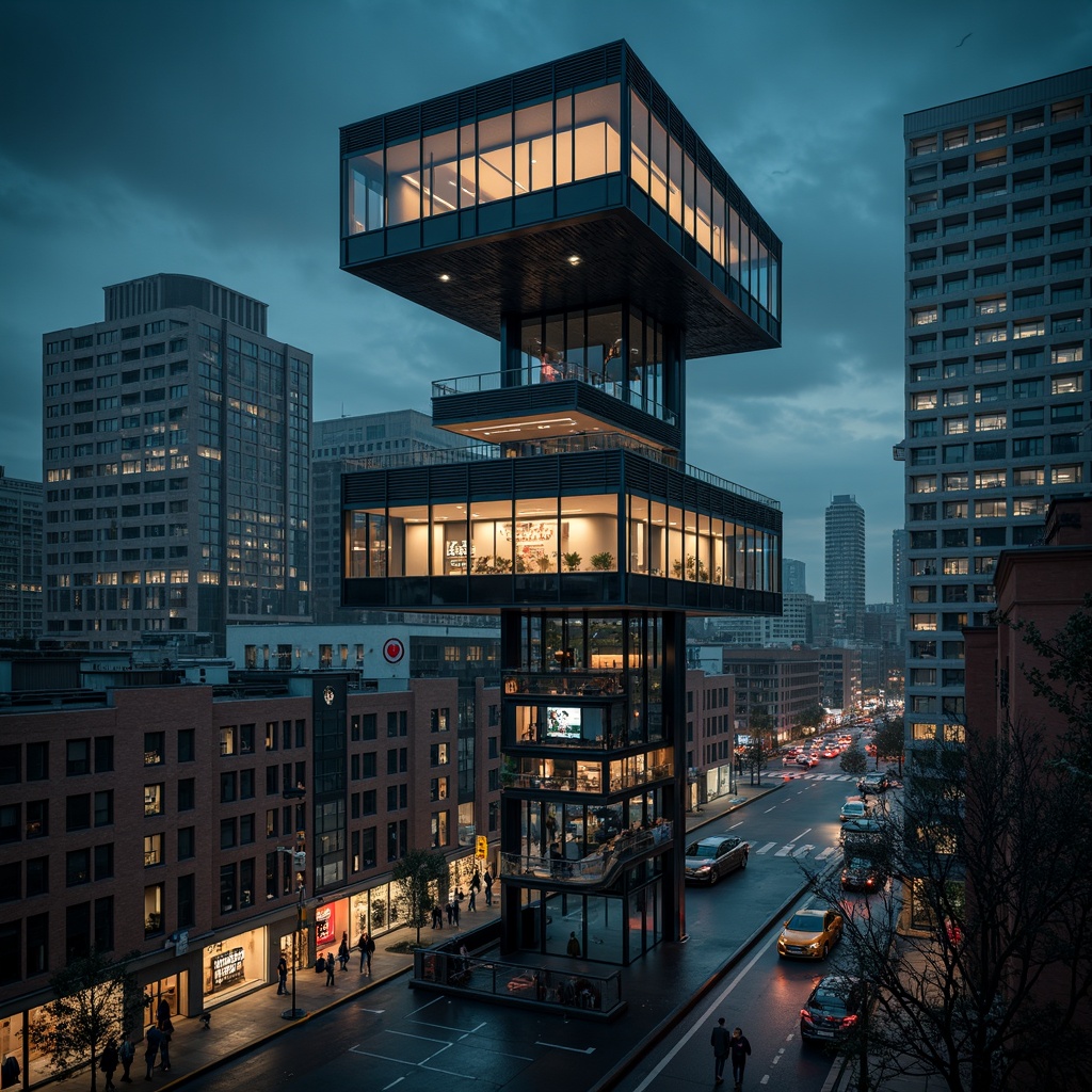 Prompt: Futuristic watchtower, sleek metal framework, minimalist design, angular lines, industrial materials, exposed ductwork, modernist architecture, cantilevered floors, floor-to-ceiling windows, panoramic views, urban landscape, cityscape, busy streets, neon lights, nighttime scene, dramatic lighting, high contrast, shallow depth of field, 3/4 composition, symmetrical balance, realistic textures, ambient occlusion.