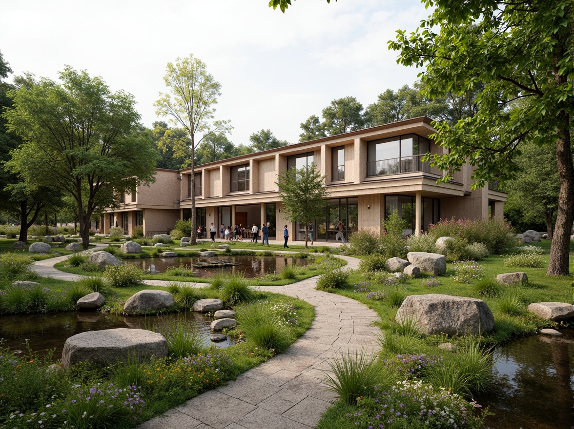 Prompt: Rural hospital building, natural surroundings, lush greenery, wildflowers, winding pathways, wooden bridges, serene ponds, rustic stone walls, earthy tones, eco-friendly materials, sustainable design, minimalist architecture, large windows, natural light, soft warm ambiance, shallow depth of field, 3/4 composition, panoramic view, realistic textures, ambient occlusion.